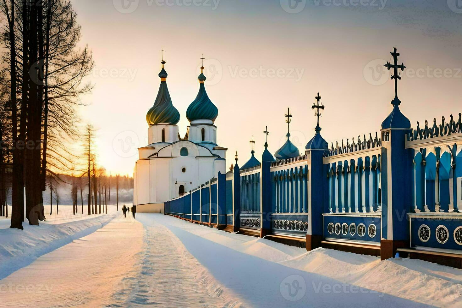 en kyrka och en staket i de snö. ai-genererad foto