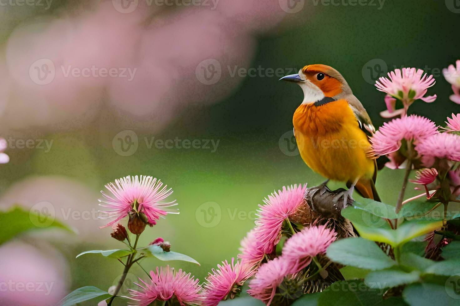 en fågel är uppflugen på en rosa blomma. ai-genererad foto
