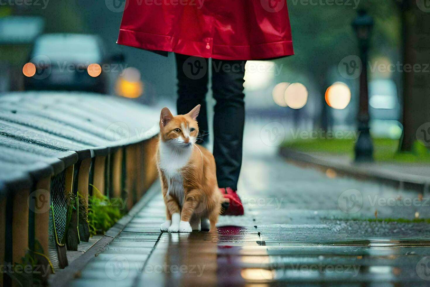 en katt gående på en våt trottoar. ai-genererad foto