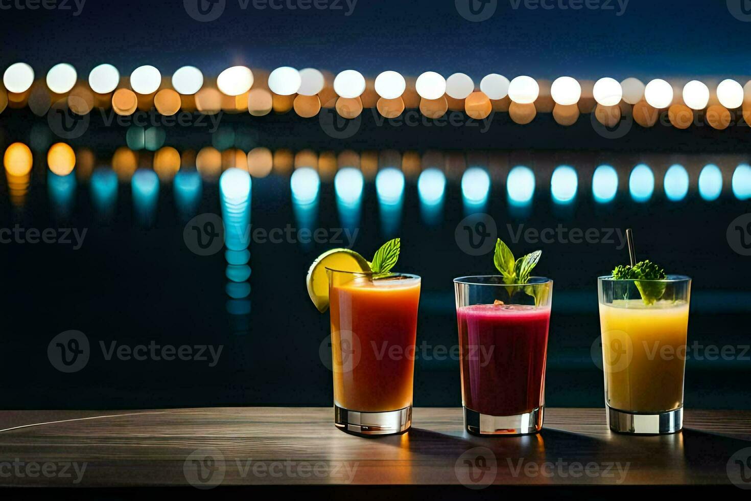 tre glasögon av juice med en se av de stad. ai-genererad foto