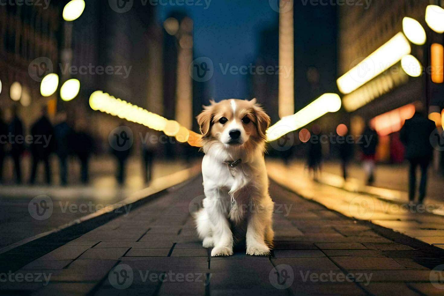 en hund Sammanträde på de gata på natt. ai-genererad foto