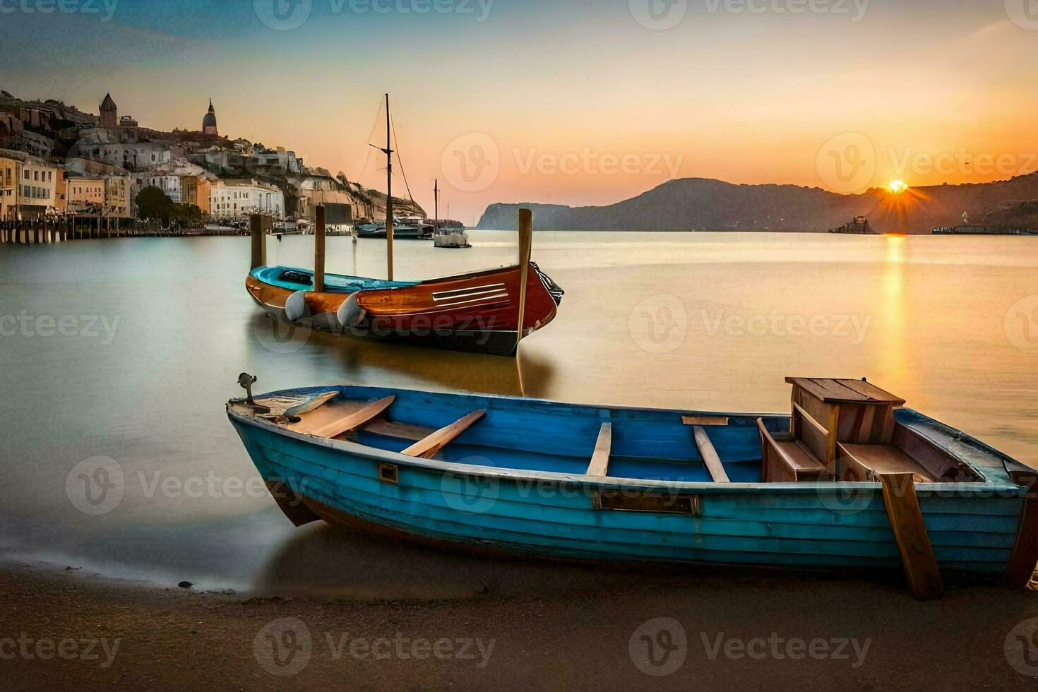 två båtar sitta på de Strand på solnedgång. ai-genererad foto