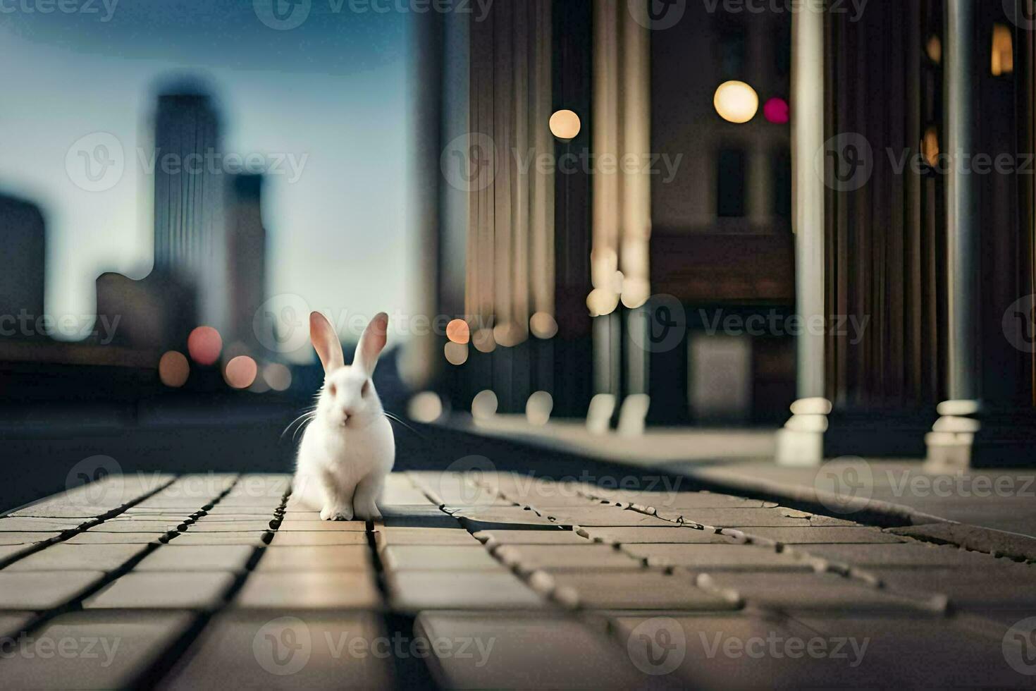 en vit kanin är stående på en gata i främre av en stad. ai-genererad foto