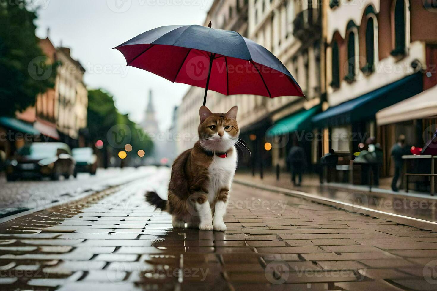 en katt är stående på en våt gata med ett paraply. ai-genererad foto