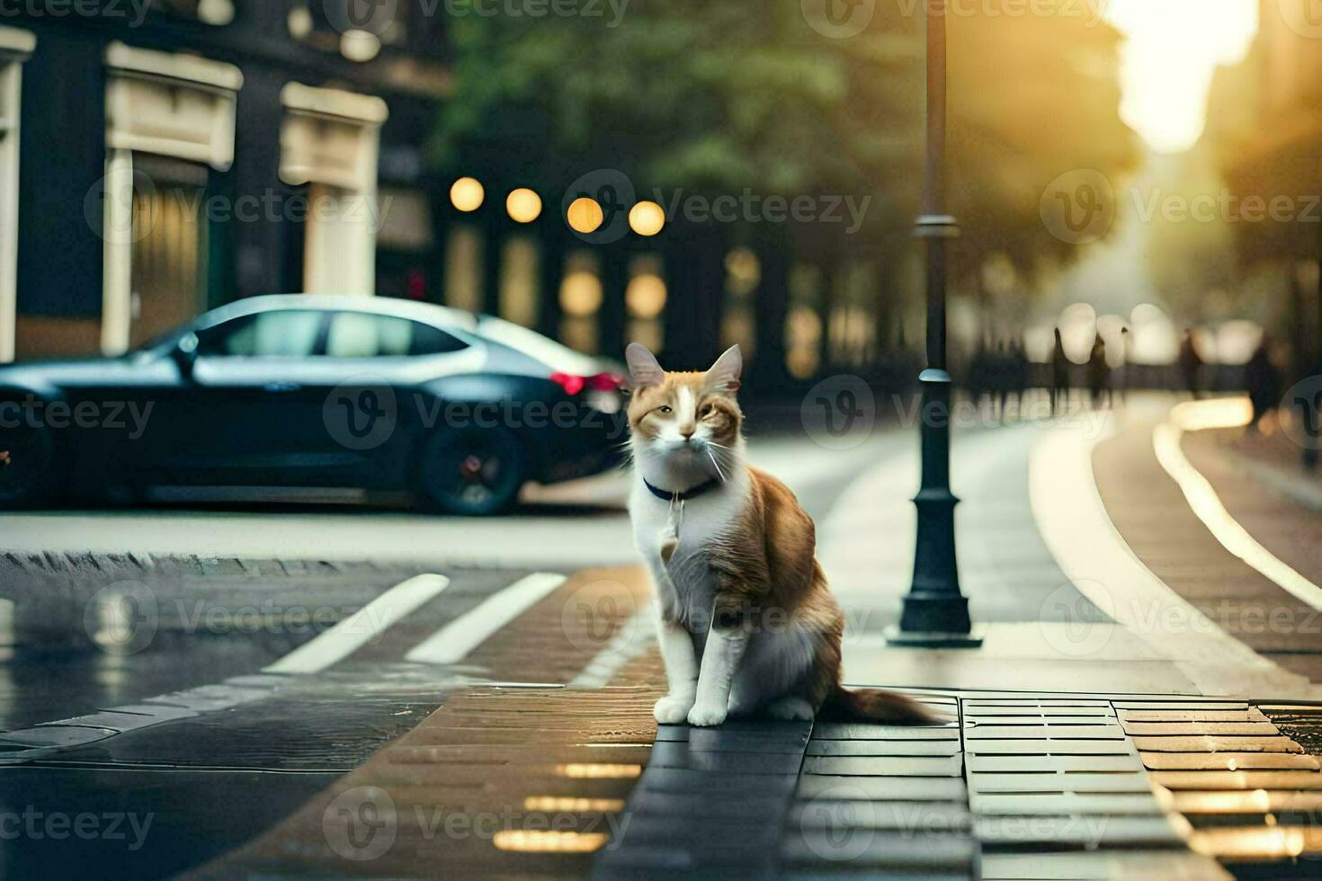 en katt Sammanträde på de gata i främre av en bil. ai-genererad foto
