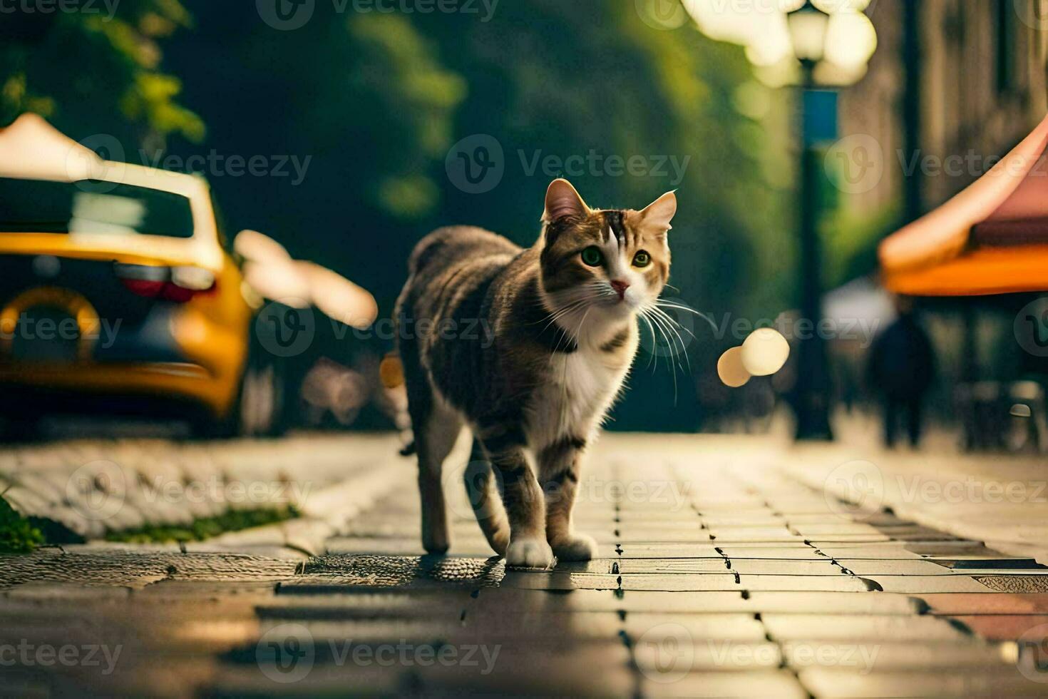 en katt gående ner en gata i de stad. ai-genererad foto