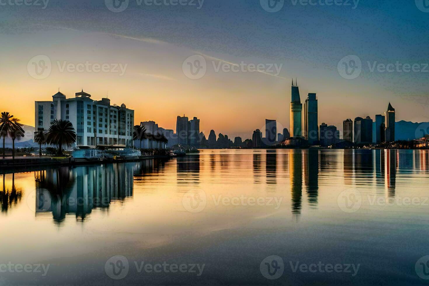 de stad horisont är reflekterad i de vatten på solnedgång. ai-genererad foto