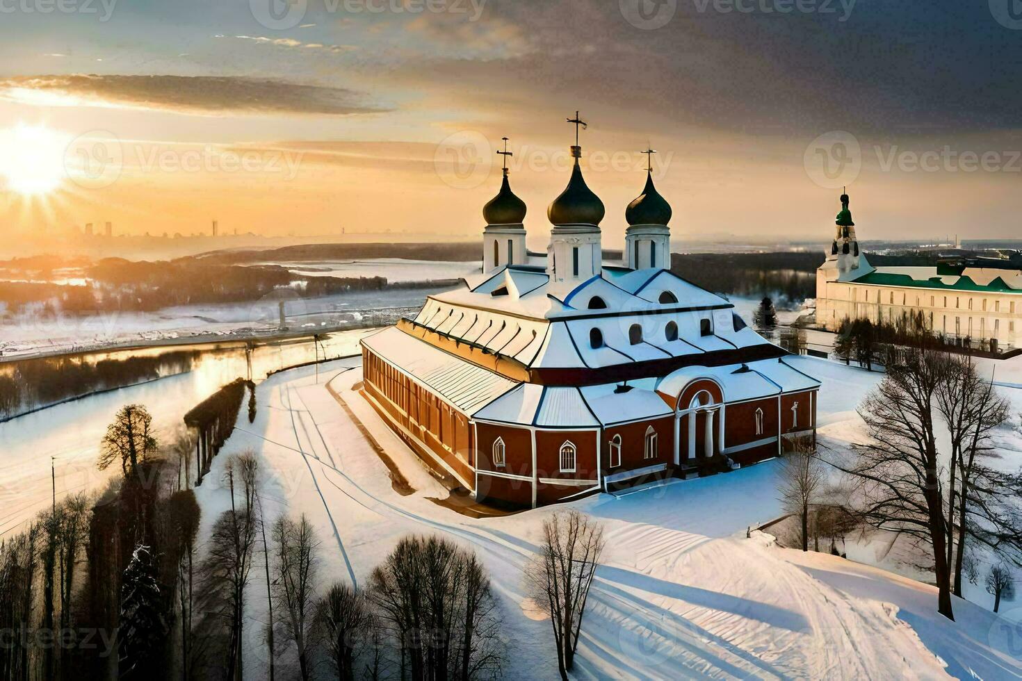 de Sol uppsättningar över en kyrka i de snö. ai-genererad foto