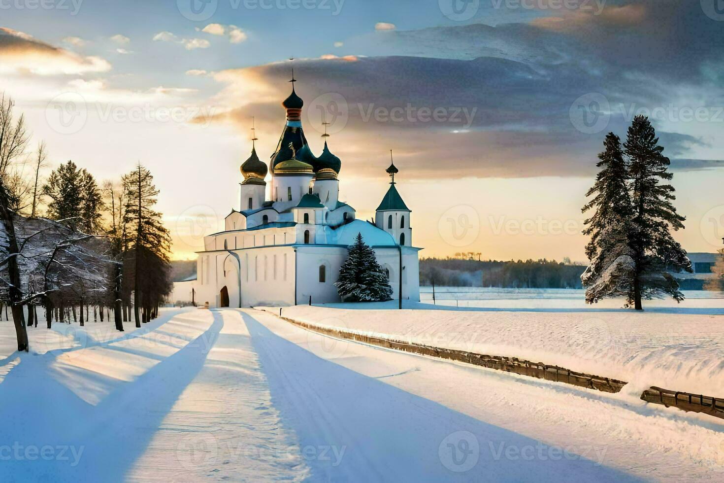 en kyrka i de snö med träd och träd. ai-genererad foto