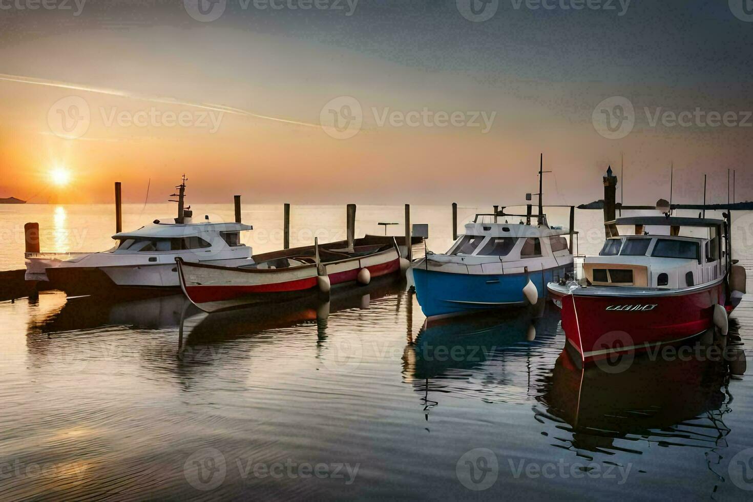 båtar dockad på de pir på solnedgång. ai-genererad foto