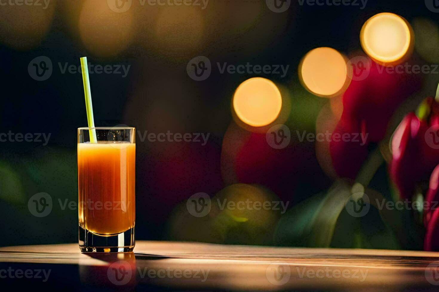 en glas av orange juice med en sugrör. ai-genererad foto