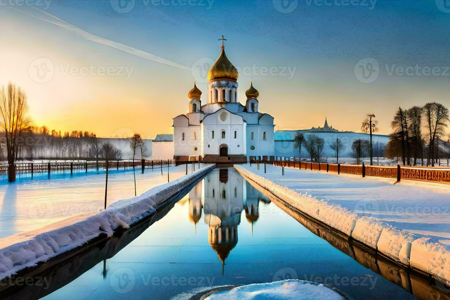 de kreml i vinter- med snö och vatten. ai-genererad foto