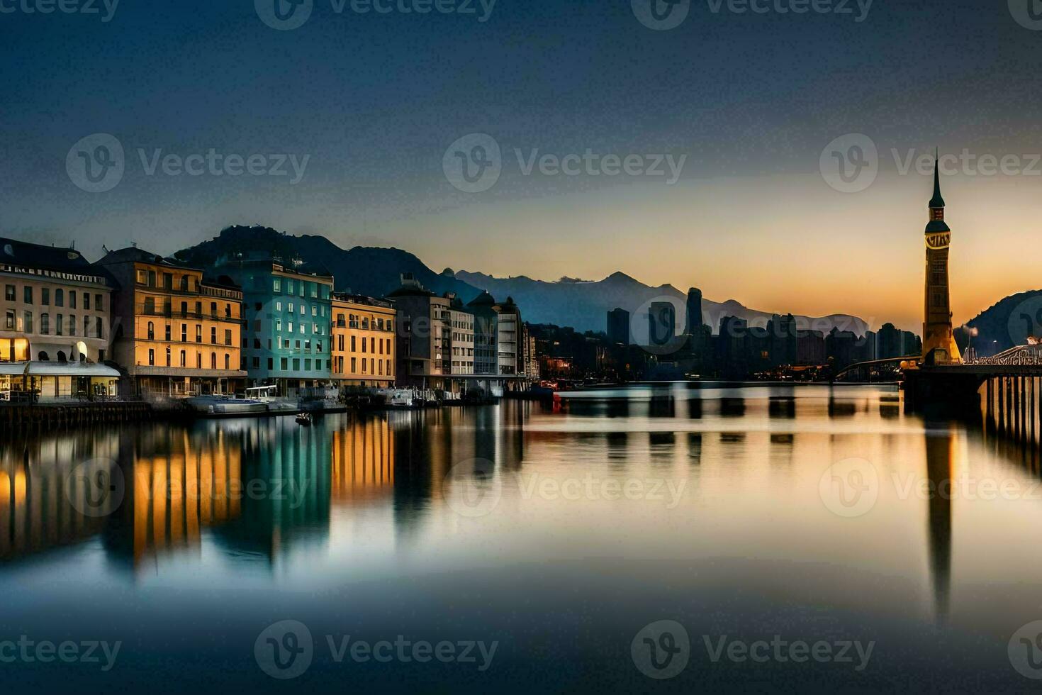 de stad av Genève på skymning. ai-genererad foto