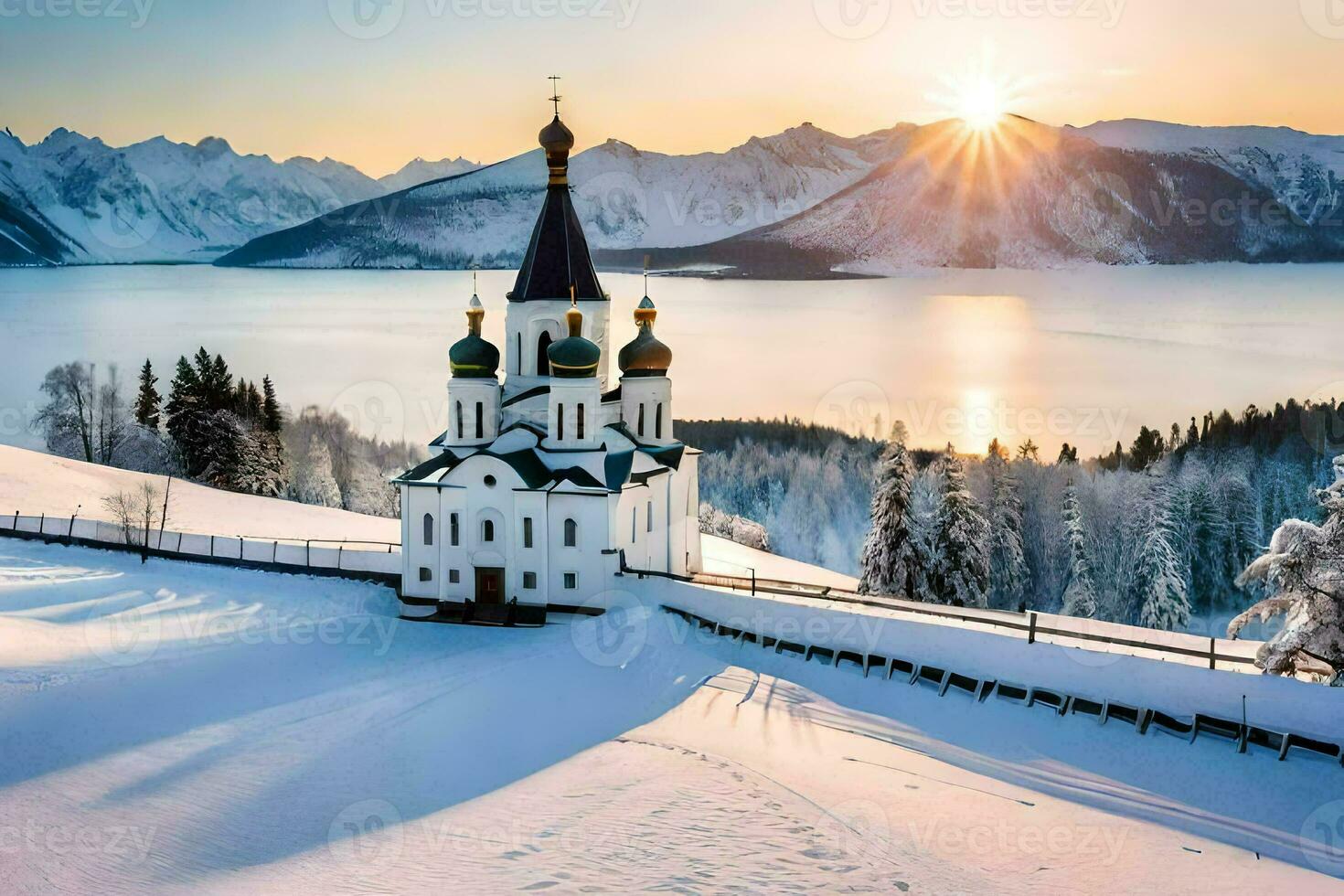 en kyrka i de snö med bergen i de bakgrund. ai-genererad foto