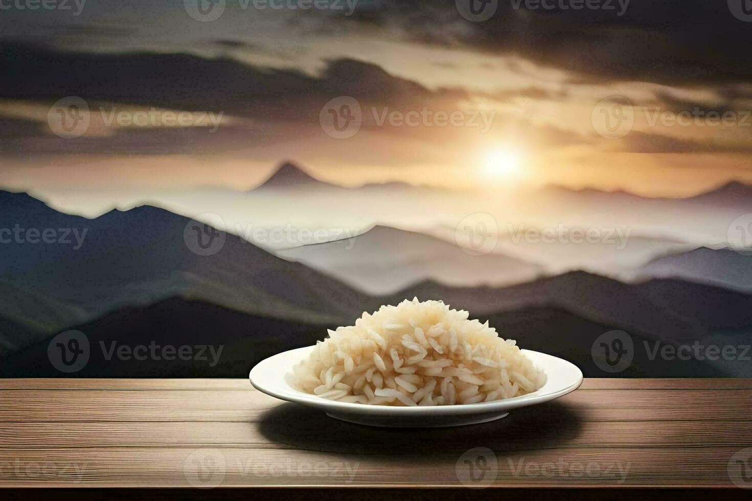 ris i en skål på en tabell med bergen i de bakgrund. ai-genererad foto