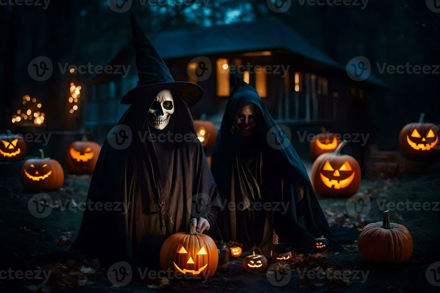 två människor klädd i halloween kostymer med pumpor. ai-genererad foto