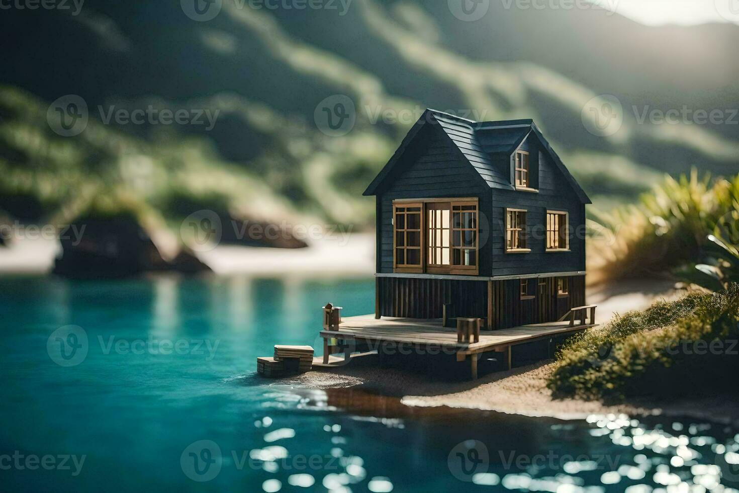 en miniatyr- hus på en små ö förbi de vatten. ai-genererad foto
