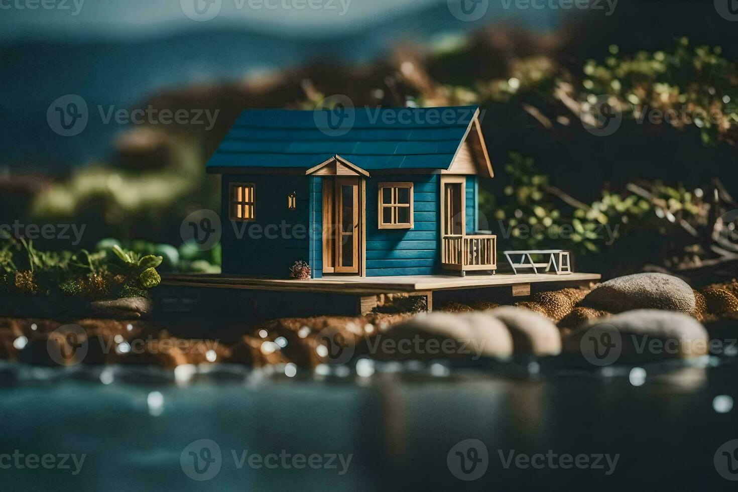 en miniatyr- blå hus på de Strand av en sjö. ai-genererad foto