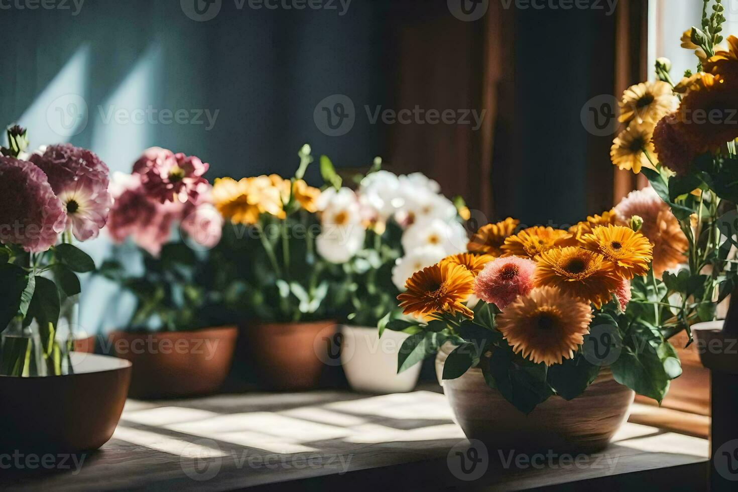 blommor i kastruller på en fönsterbräda. ai-genererad foto