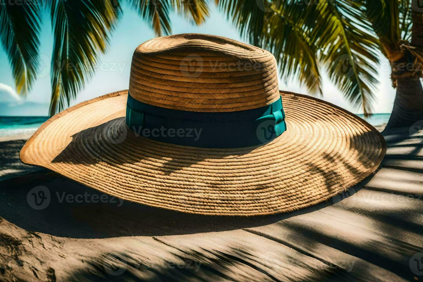 en hatt på de strand med handflatan träd. ai-genererad foto