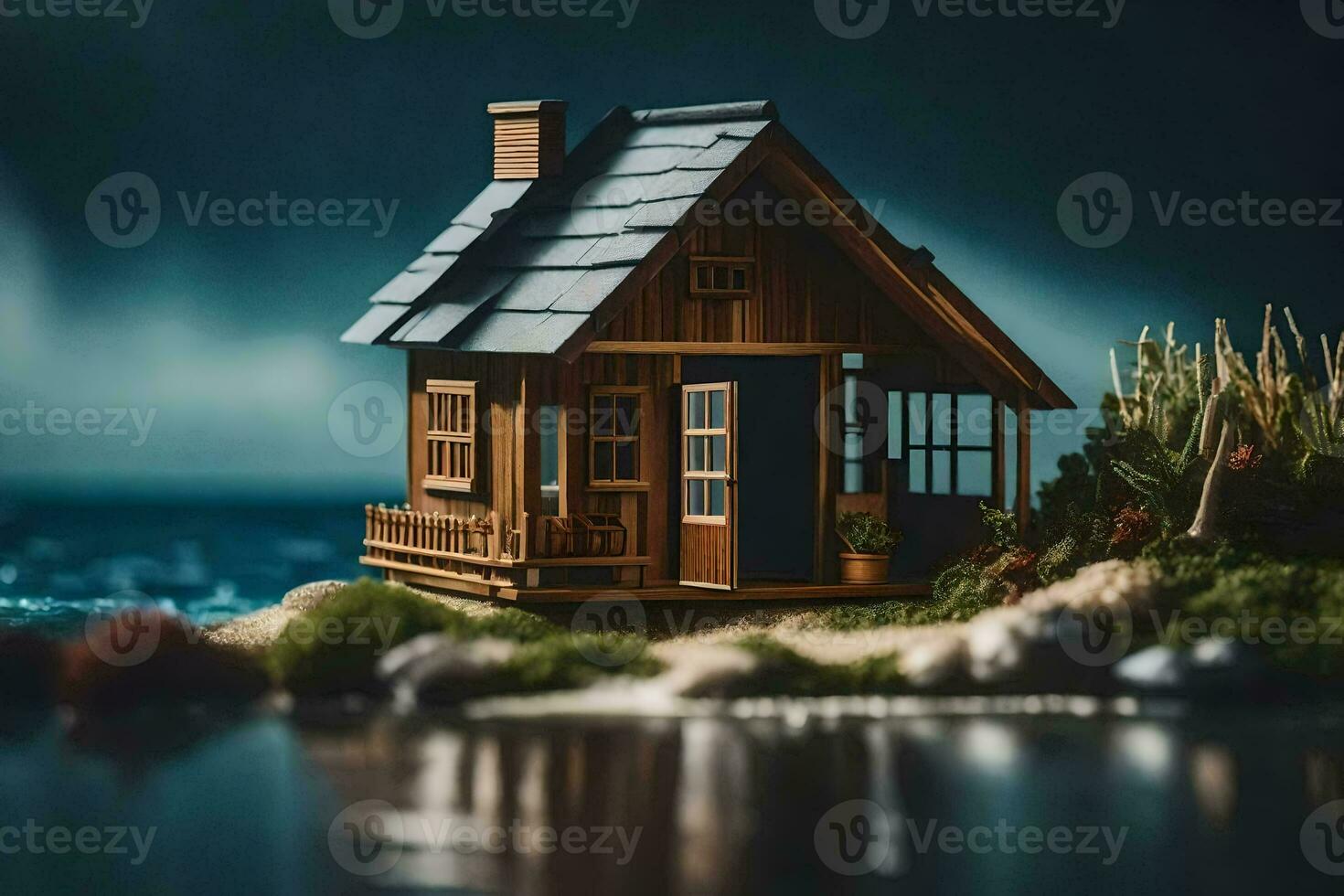 en miniatyr- hus på de Strand av en sjö. ai-genererad foto