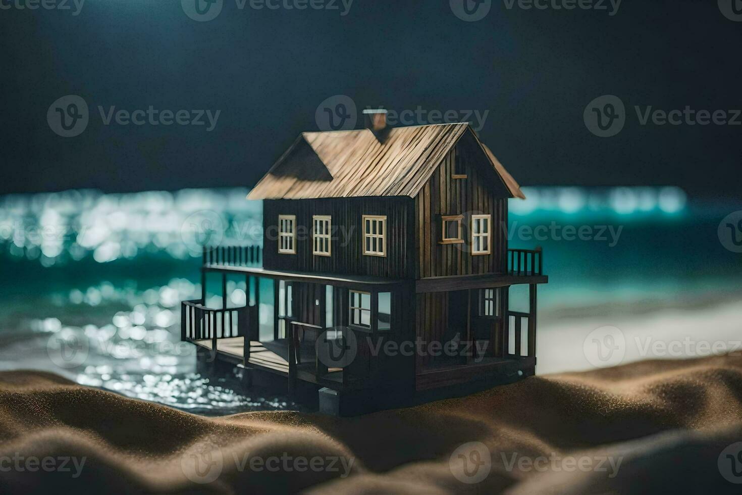 en miniatyr- hus på de strand på natt. ai-genererad foto