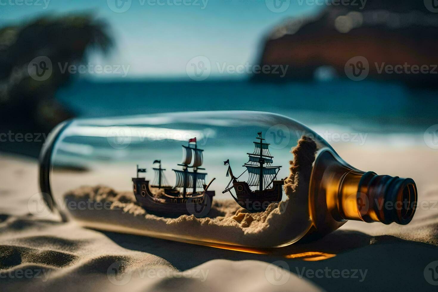 fartyg i en flaska på de strand. ai-genererad foto