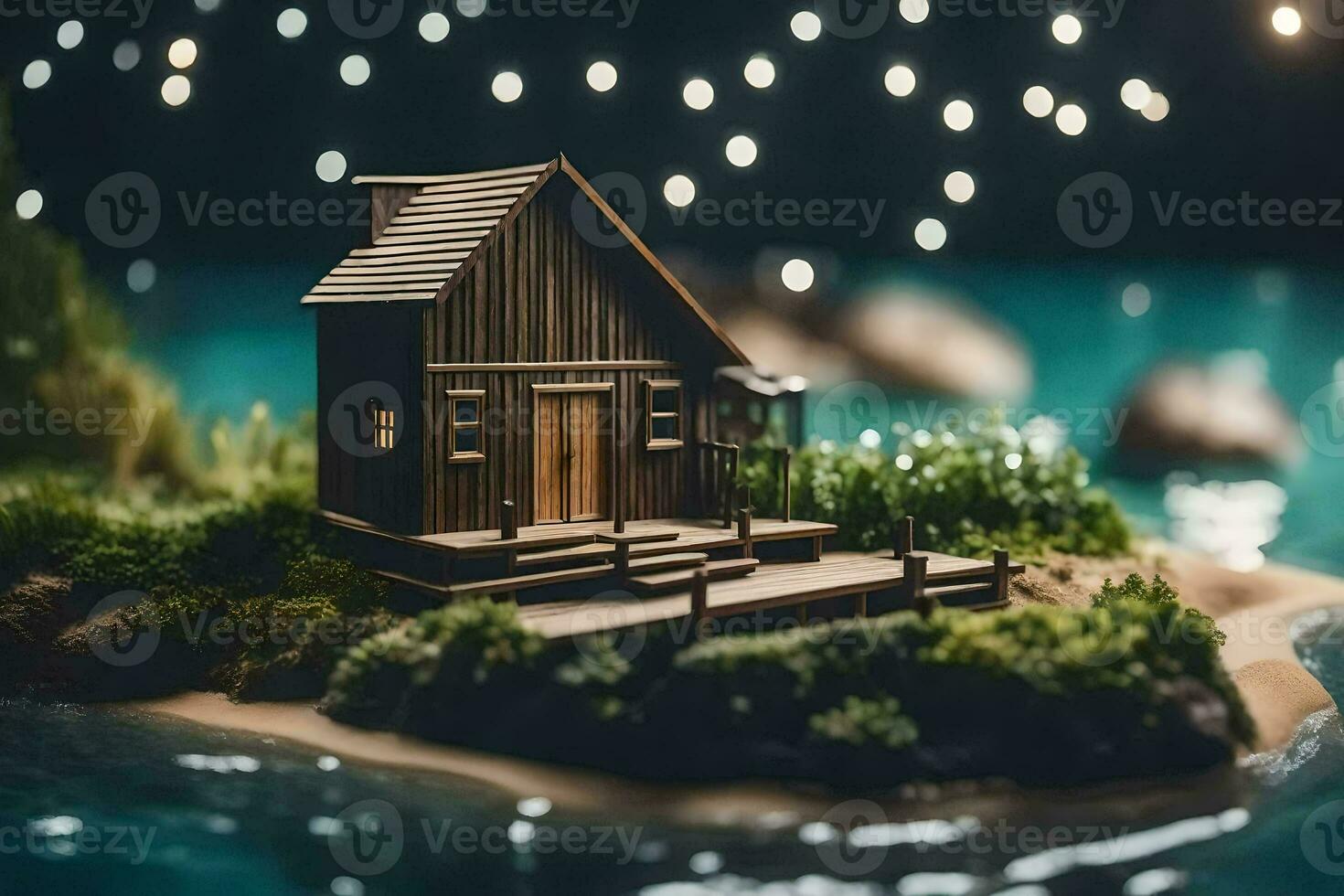 en miniatyr- hus på en små ö med lampor. ai-genererad foto