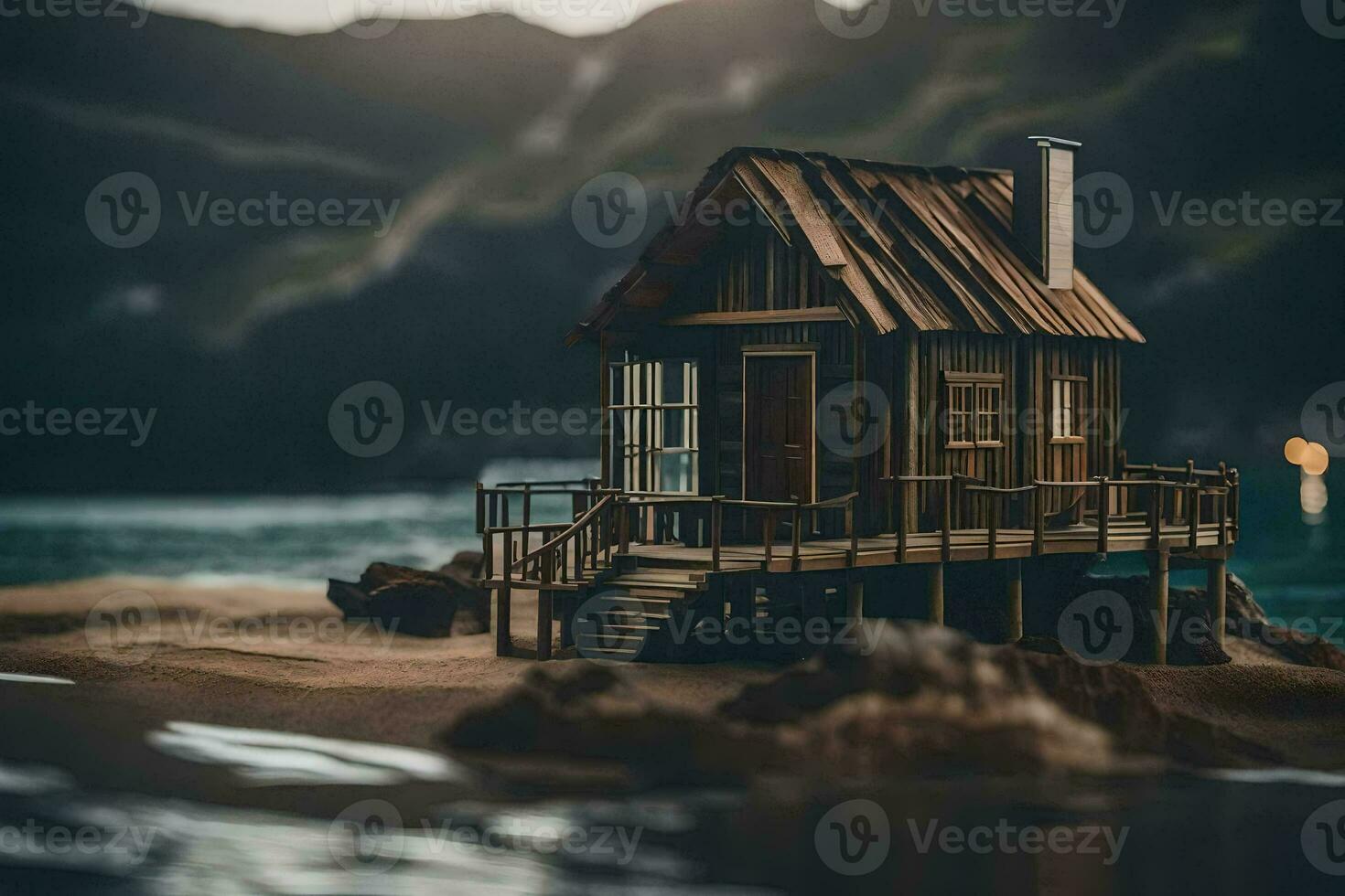 en miniatyr- trä- hus på de strand. ai-genererad foto