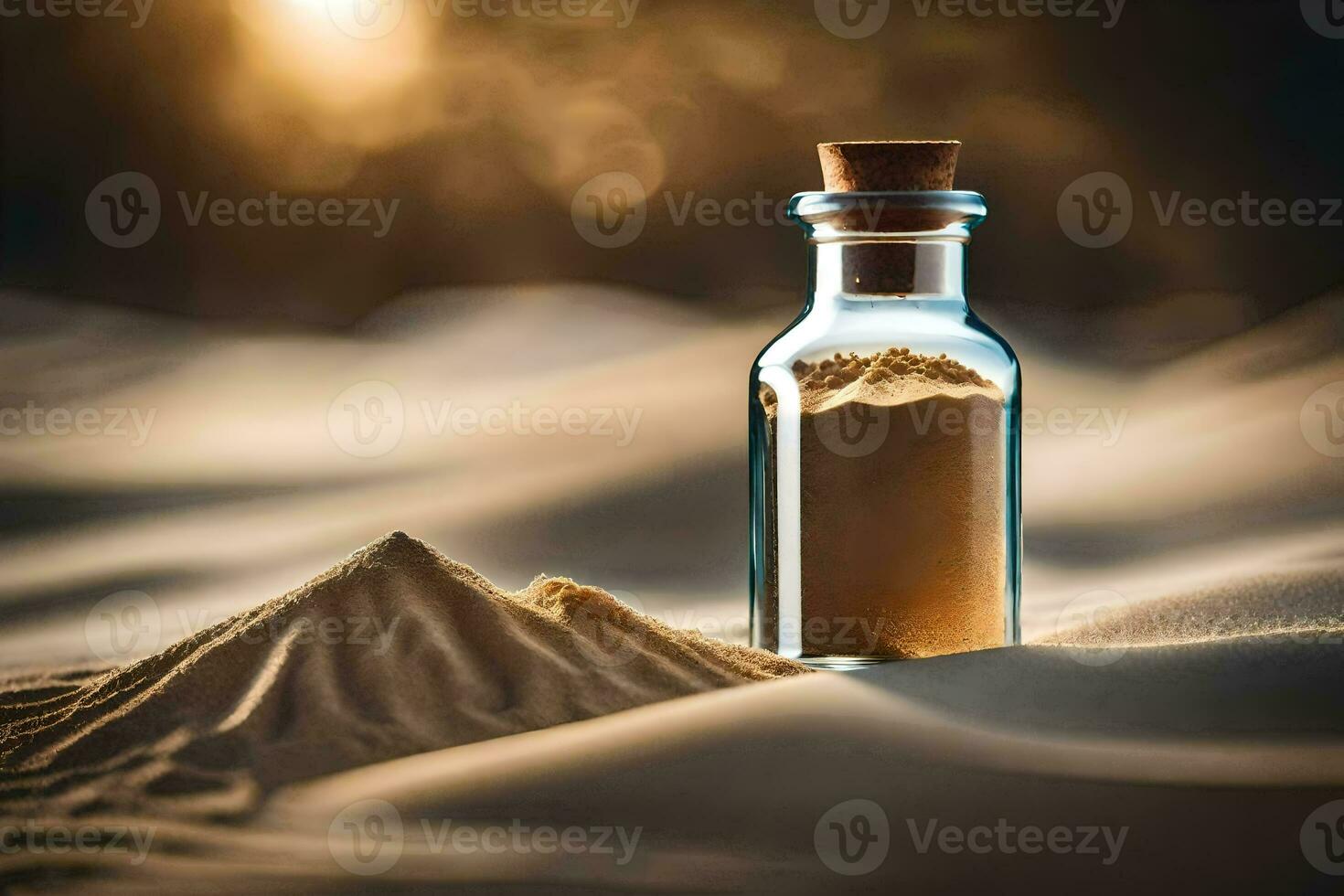 en flaska av sand i de öken. ai-genererad foto