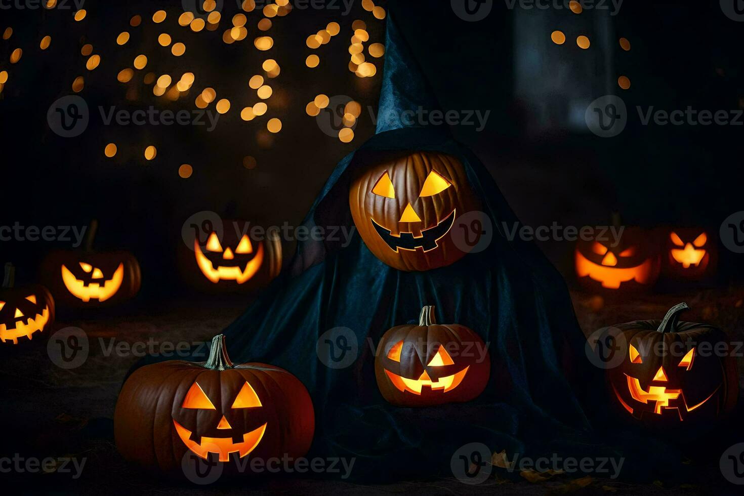 halloween pumpor med en häxa i de bakgrund. ai-genererad foto
