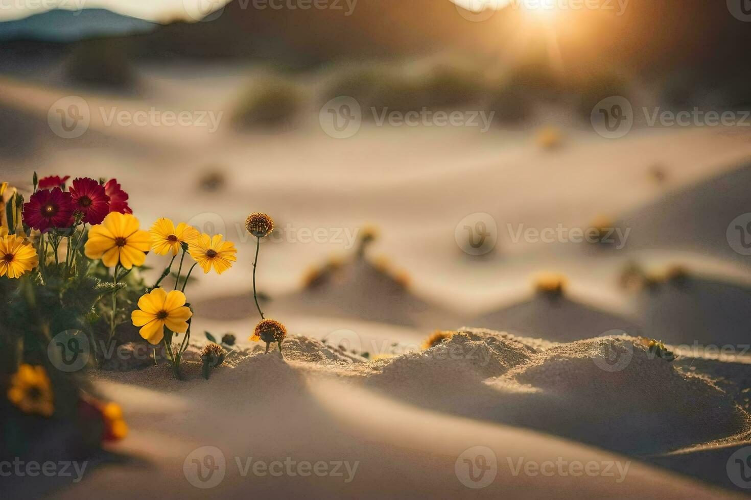 de Sol är miljö i de öken- och blommor är växande i de sand. ai-genererad foto