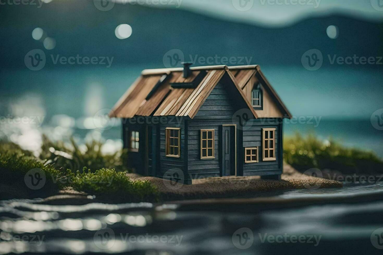 en miniatyr- hus på de Strand av en sjö. ai-genererad foto