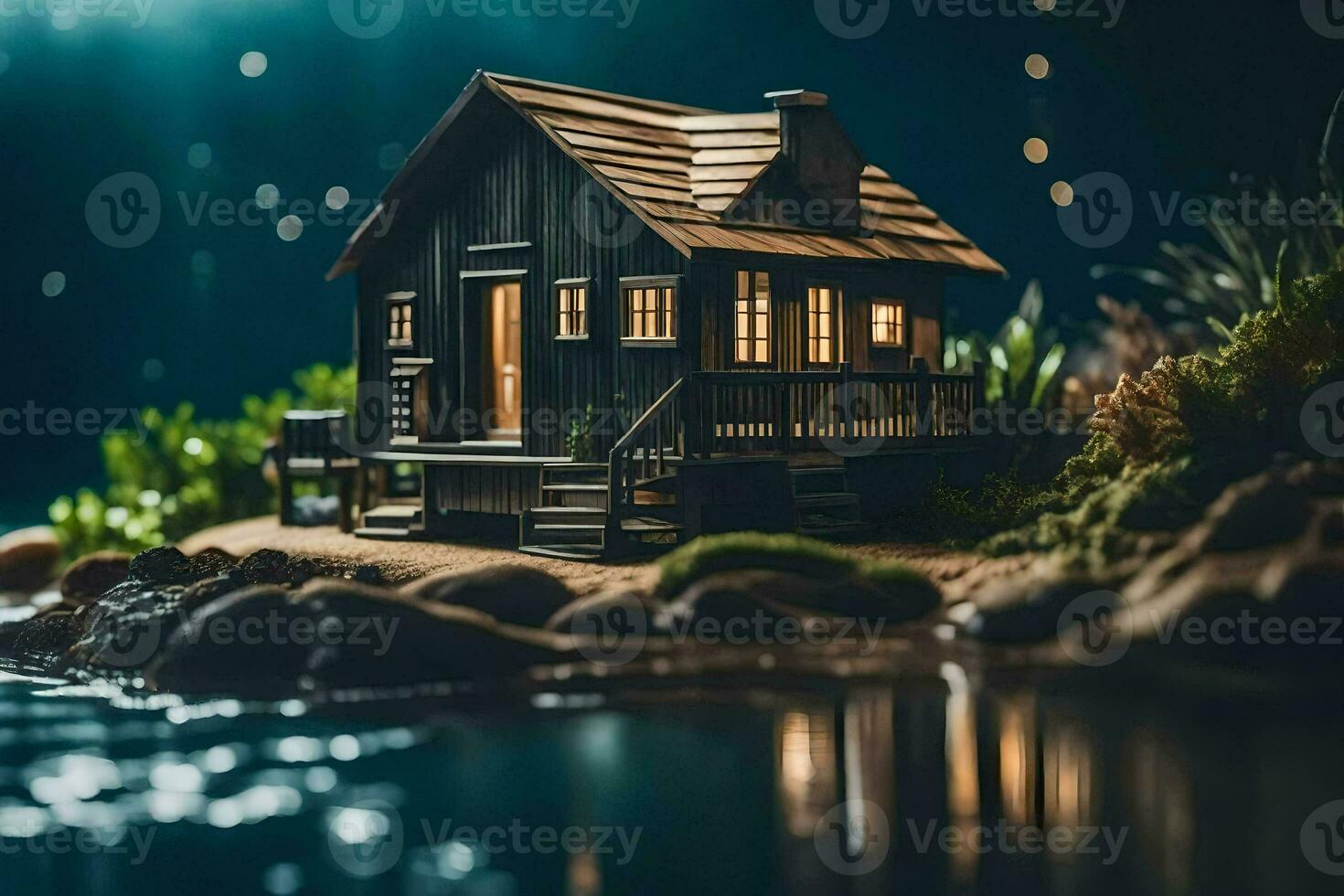 en miniatyr- hus på de Strand av en sjö på natt. ai-genererad foto