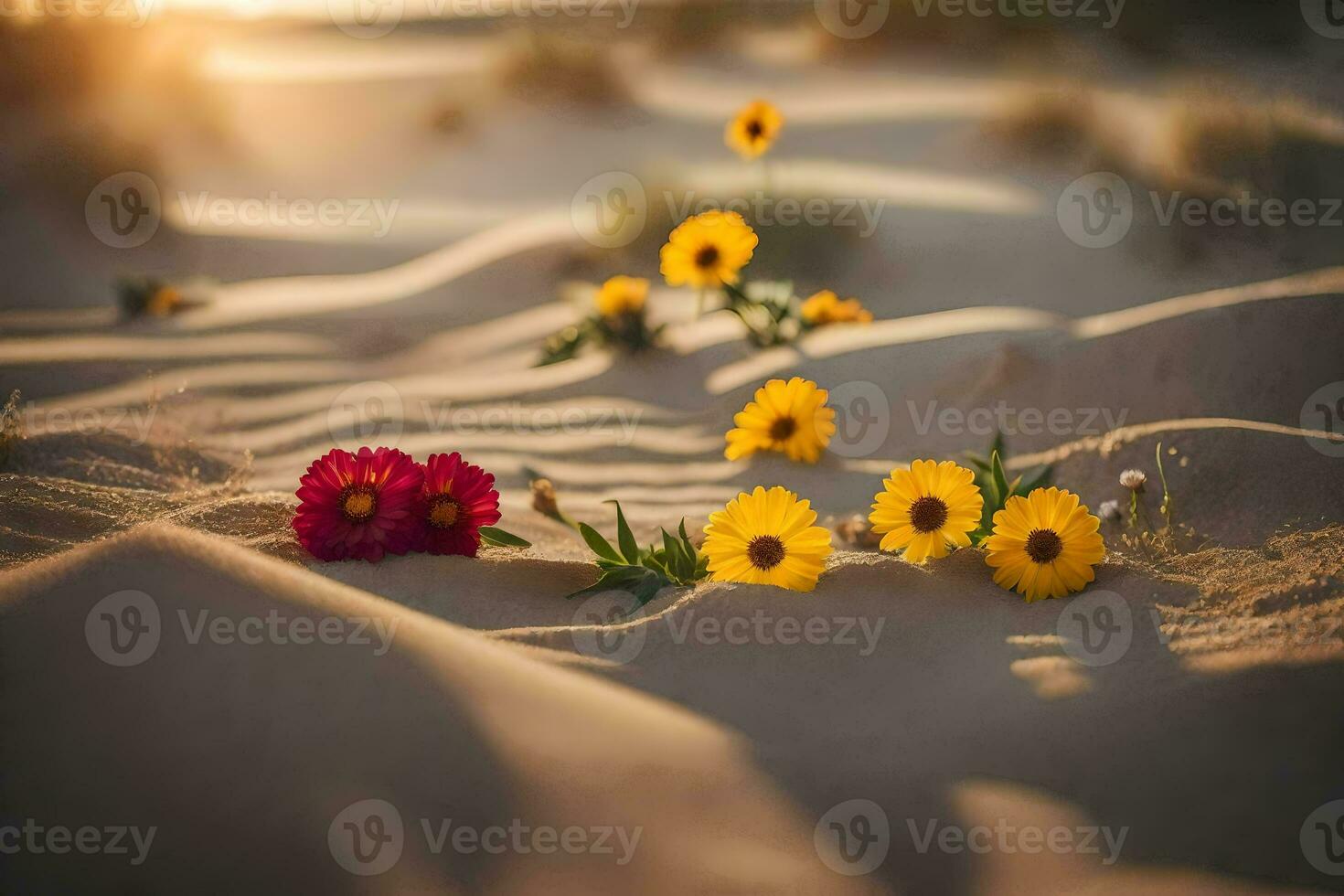 de Sol är miljö i de öken- och de blommor är fortfarande blomning. ai-genererad foto