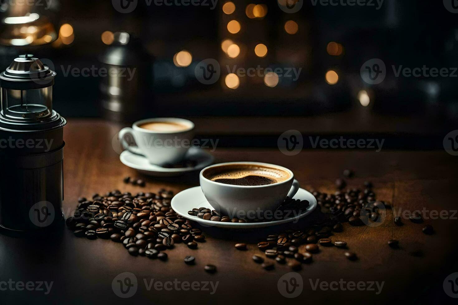 kaffe bönor på en trä- tabell med en lampa och en kopp av kaffe. ai-genererad foto