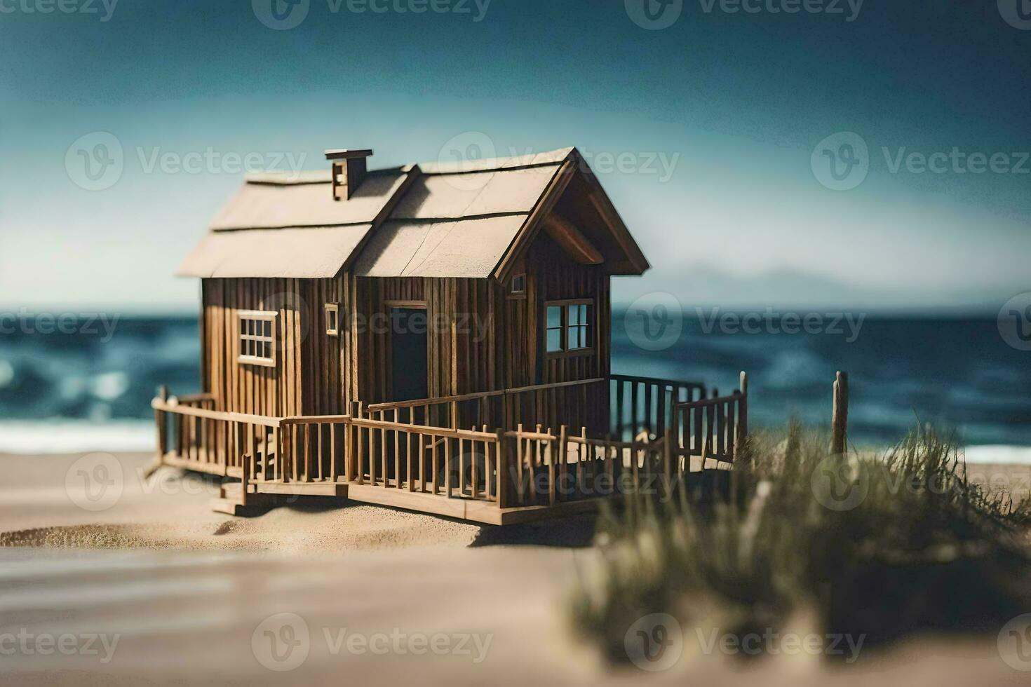 en miniatyr- trä- hus på de strand. ai-genererad foto