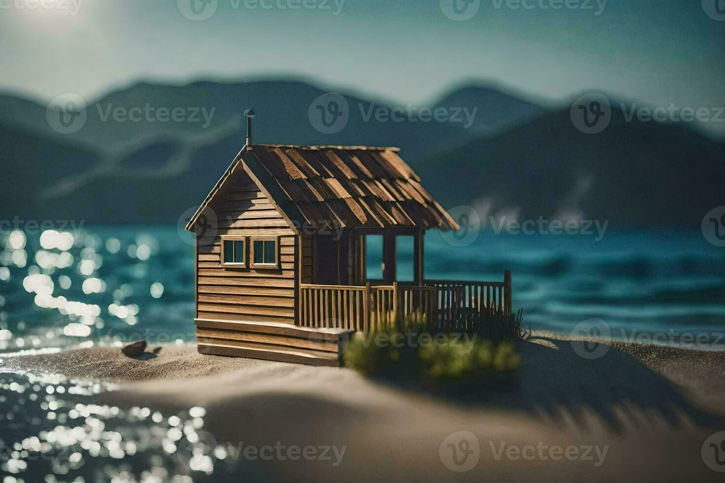 mycket liten hus på de strand. ai-genererad foto