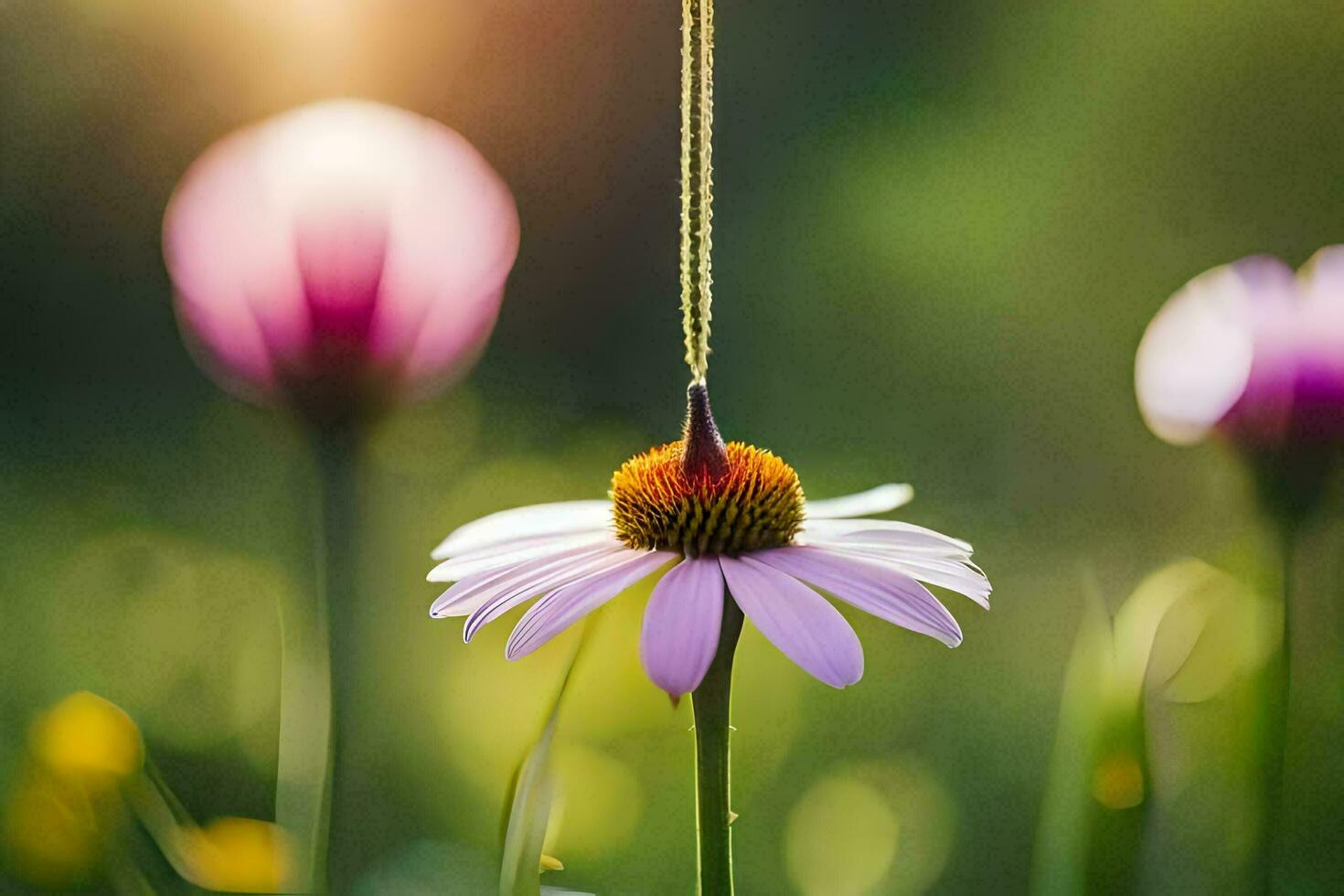 en lila blomma med en halsband hängande från Det. ai-genererad foto