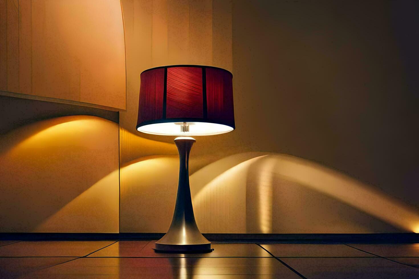en lampa på en tabell i främre av en vägg. ai-genererad foto