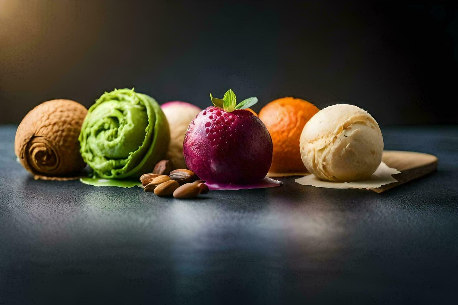 annorlunda smaker av is grädde på en svart bakgrund. ai-genererad foto