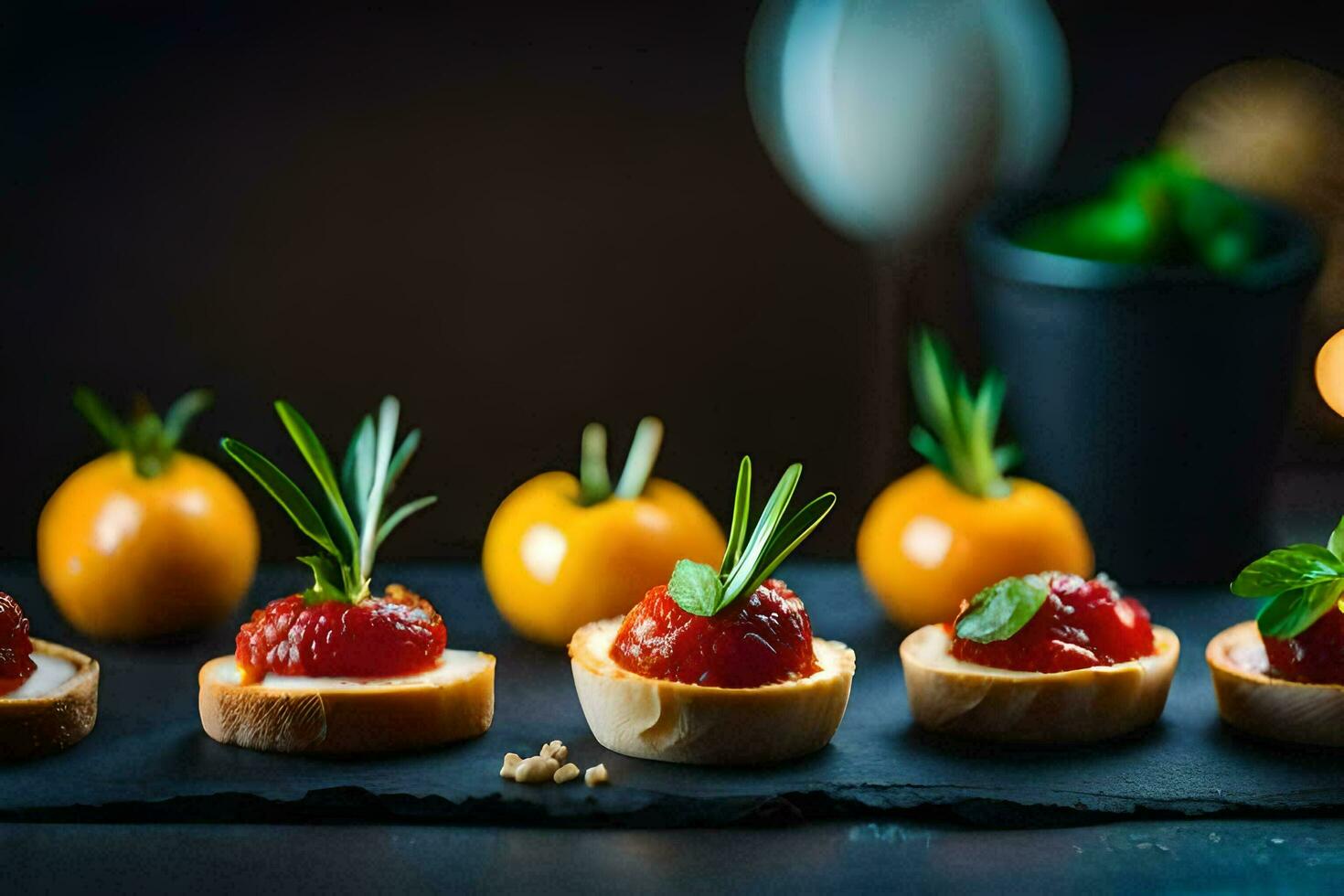 canapes med tomater och örter på en svart skiffer. ai-genererad foto