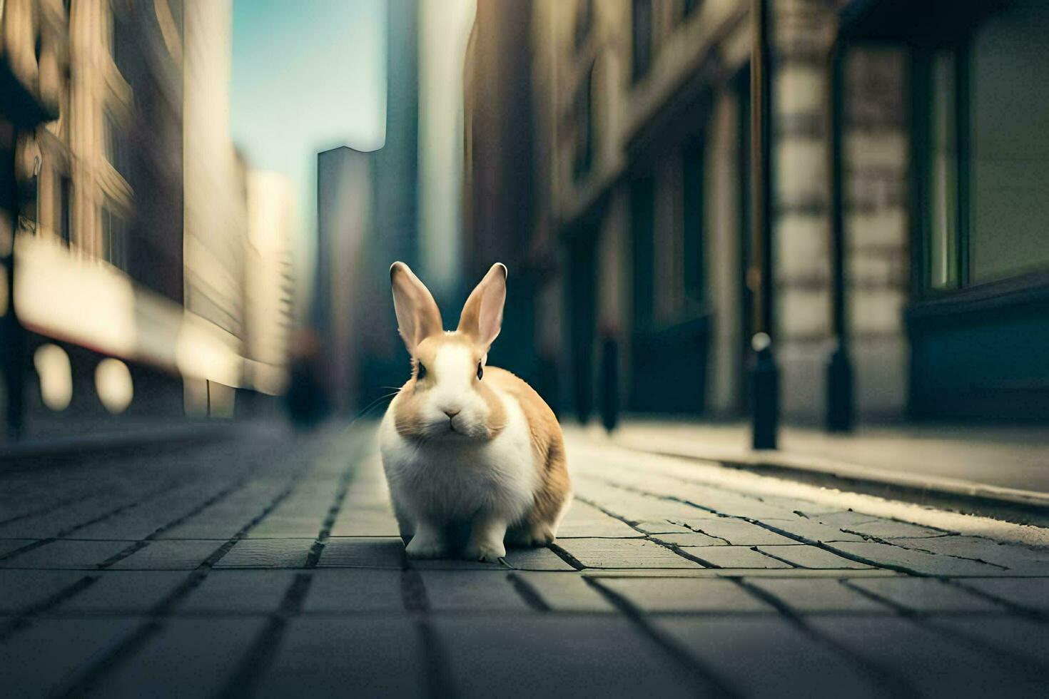 en kanin är stående på en gata i en stad. ai-genererad foto