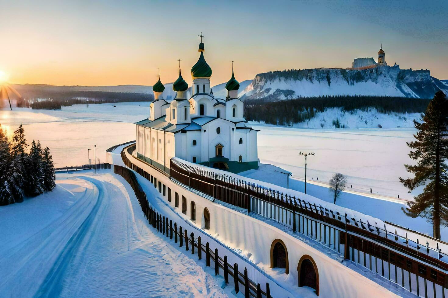 de Sol stiger över en snöig väg och en kyrka. ai-genererad foto