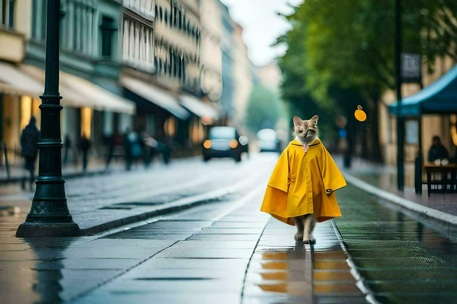 en hund i en gul regnkappa gående ner en gata. ai-genererad foto