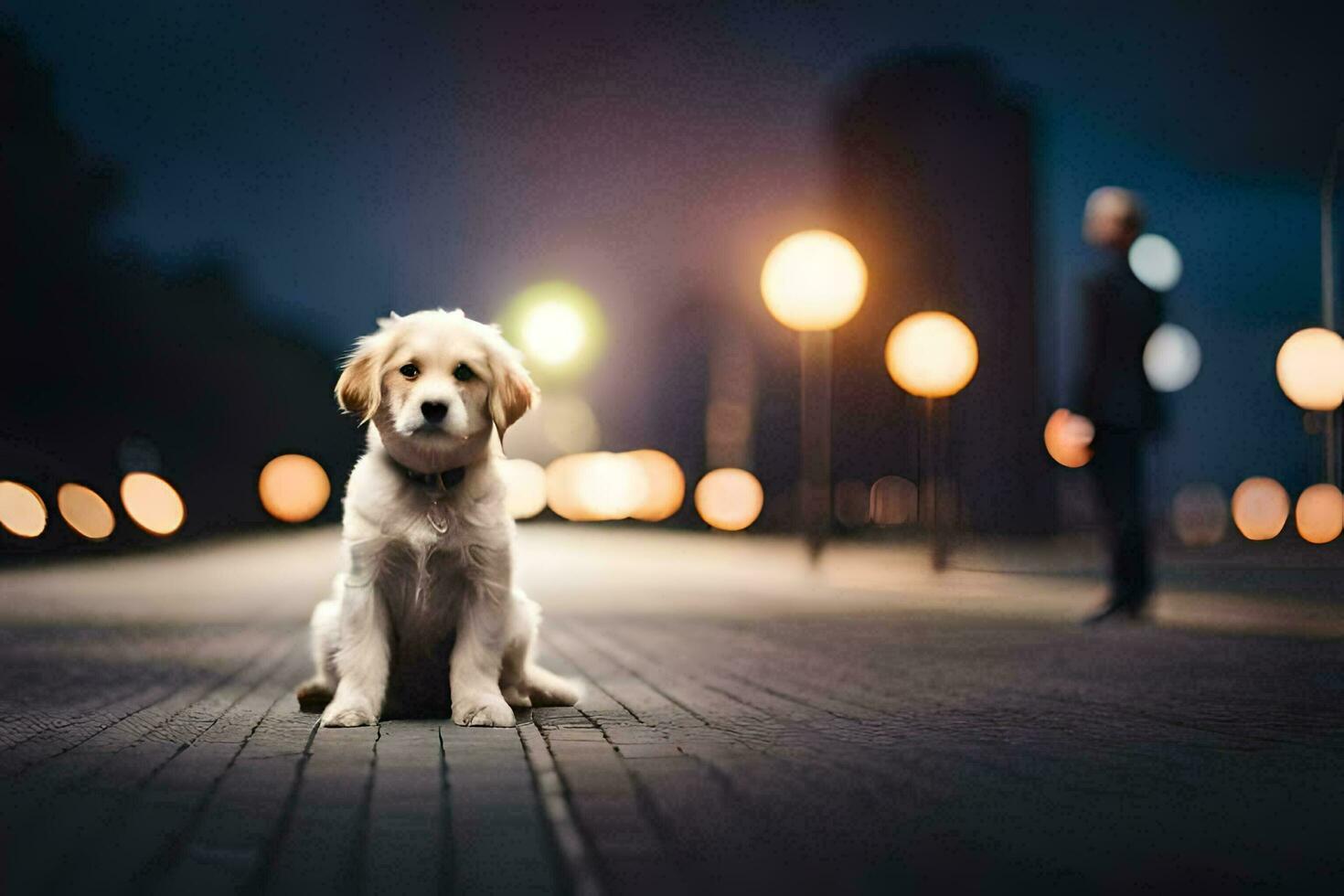 en hund Sammanträde på de gata på natt. ai-genererad foto