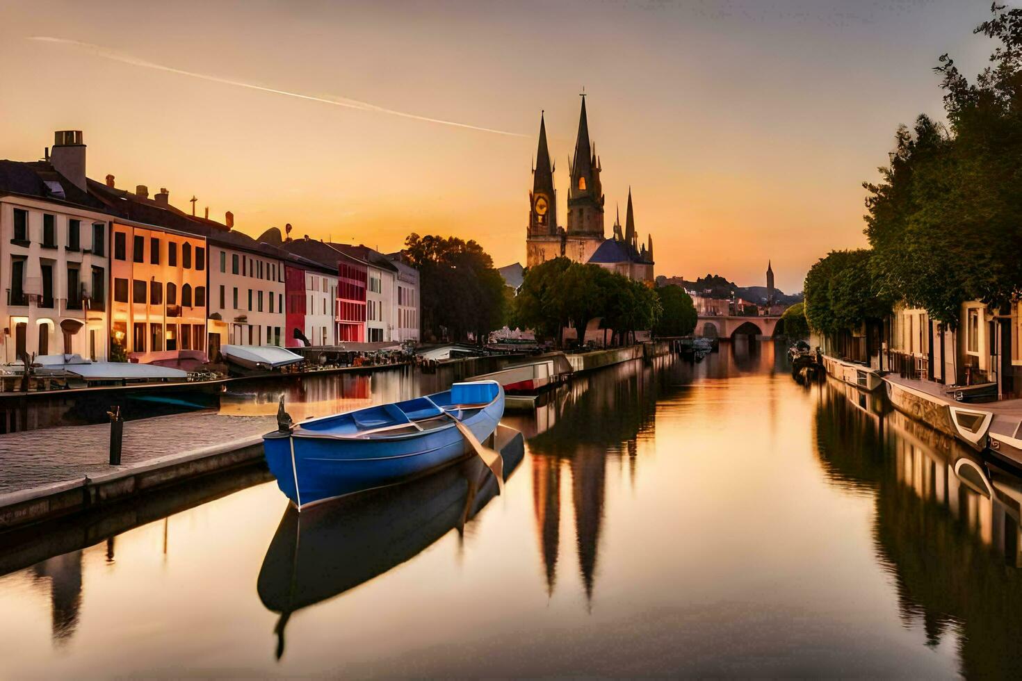 en båt är dockad i en kanal på solnedgång. ai-genererad foto