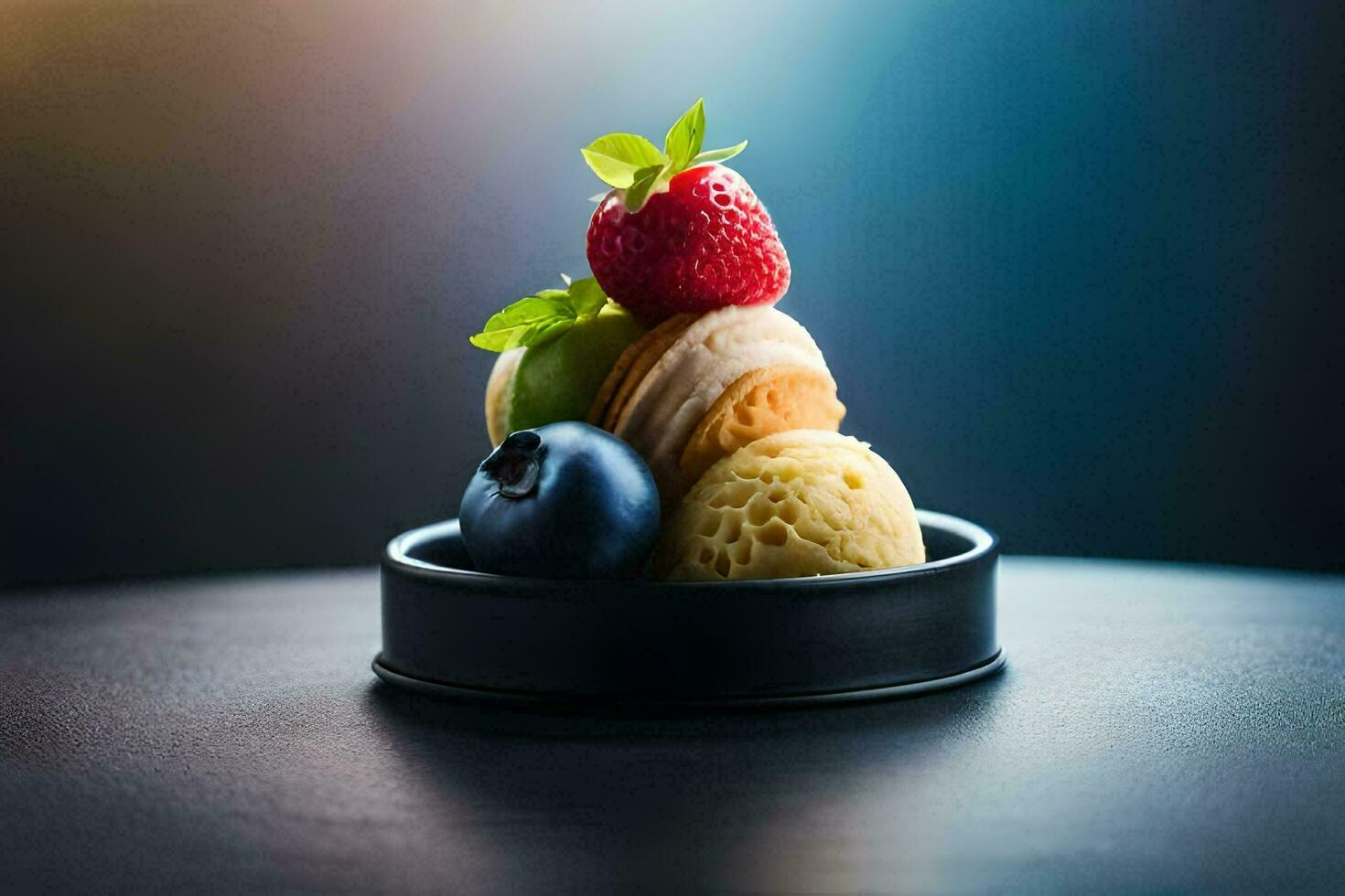 en efterrätt med jordgubbar, blåbär och en macaron. ai-genererad foto
