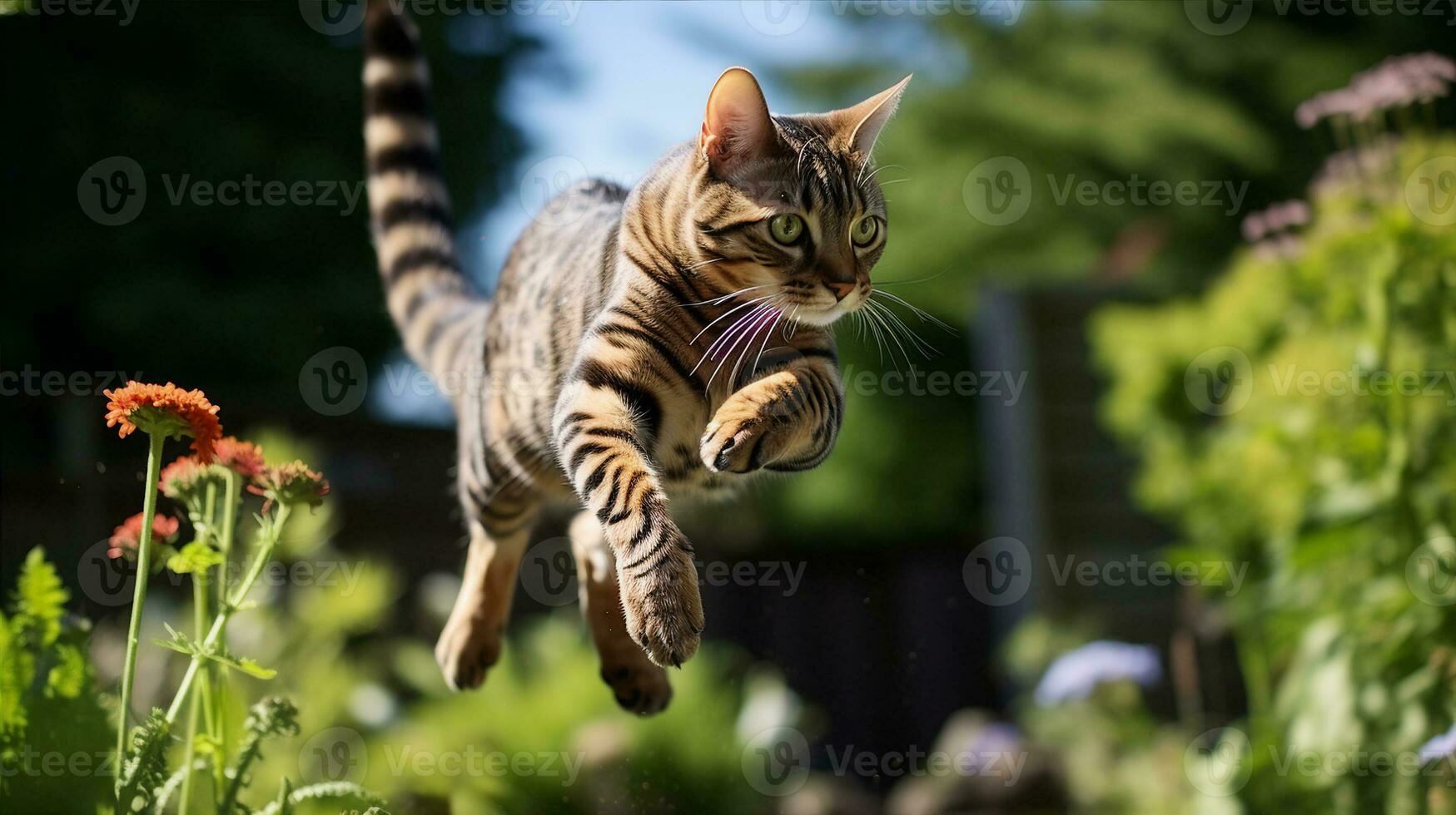 brun bengal katt, hoppa i mitten - luft till fånga en fladdrande fjäril i en trädgård. generativ ai foto