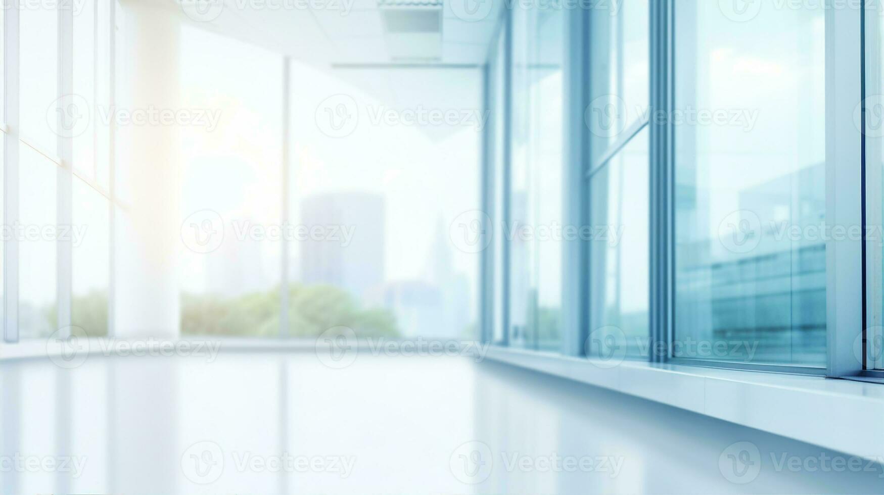 vit hall kontor eller klinik byggnad med fönster, ljus suddigt bokeh bakgrund. generativ ai foto